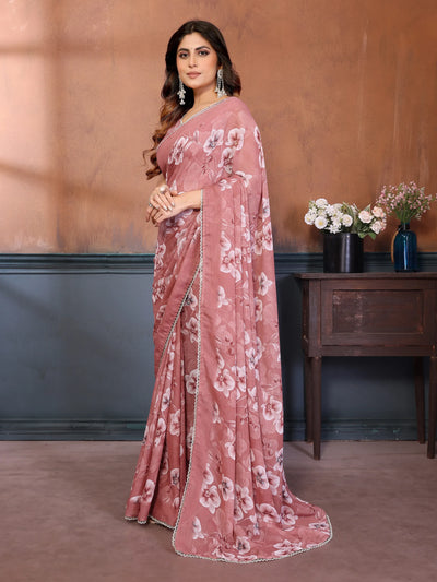 Stunning Pink Printed Georgette Saree - Lightweight & Elegant for Women