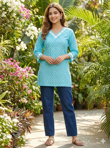Stunning Printed Cotton Top - Elegant Lace Design for Women