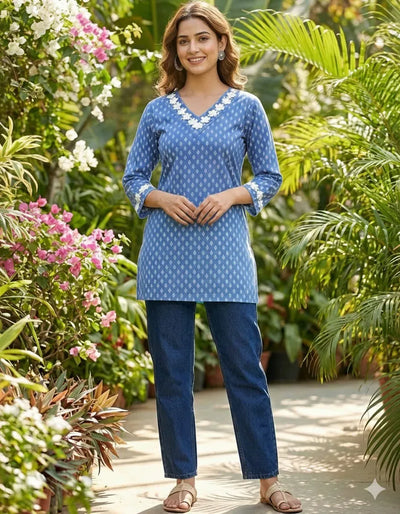 Stunning Printed Cotton Top - Elegant Lace Design for Women