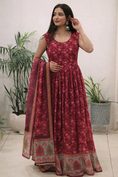 Stunning Printed Organza Silk Gown - Designer Festive Wear with Dupatta for Women