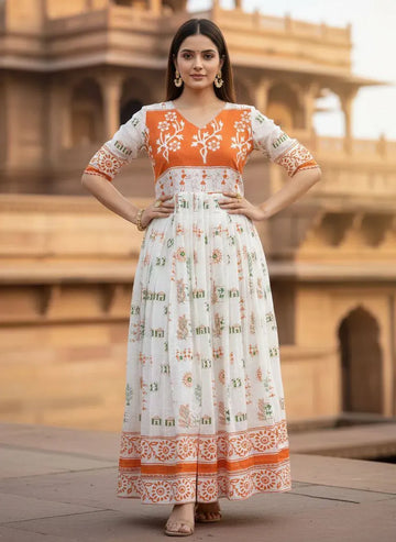 Stunning Pure Cotton Gown - Tricolour Flared Design for Women
