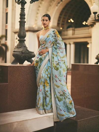 Stunning Pure Georgette Saree - Designer Floral Print with Sequin Work for Wedding Season