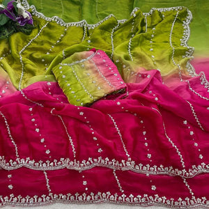 Stunning Pure Satin Silk Saree - Beeda Work & Cut Work Border