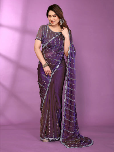 Stunning Purple Silk Satin Saree - Fancy Beerd Work for Festive Occasions