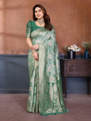 Stunning Rama Cotton Spun Saree - Jaquard Zari Weaving for Women
