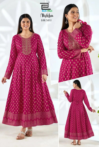 Stunning Rayon Anarkali Gown with Full Sleeve - Elegant Foil Print Festive Wear for Women