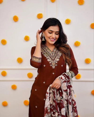 Stunning Rayon Kurti Set - Elegant Embroidered Festive Wear with Chinon Dupatta