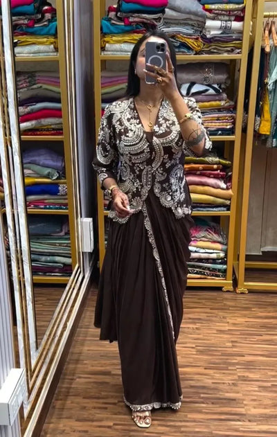 Stunning Ready to Wear Jacket Saree - Pre-Stitched Design with Heavy Embroidery for Festive Prep