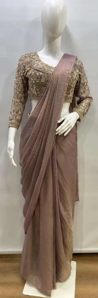 Stunning Ready to Wear Moss Saree with Beads Work Blouse - Festive Wear Collection