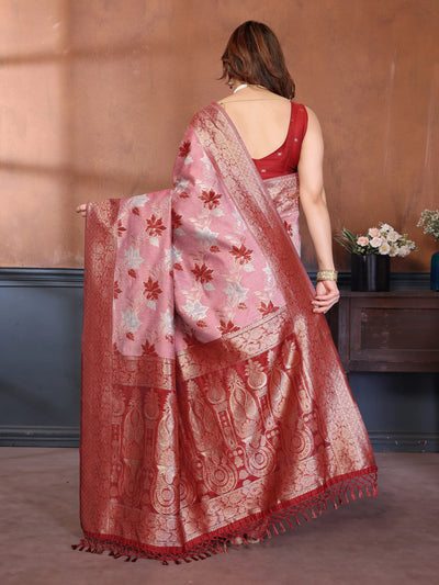 Stunning Red Cotton Spun Saree - Zari Weaving for Festive Celebrations