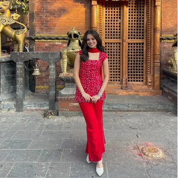 Stunning Red Georgette Sharara Suit Set for Festive Wear