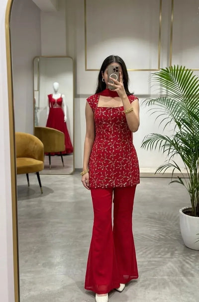 Stunning Red Georgette Sharara Suit Set for Festive Wear