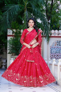 Stunning Red Gold Crush Lehenga - Sequin & Zari Work for Festive Glamour