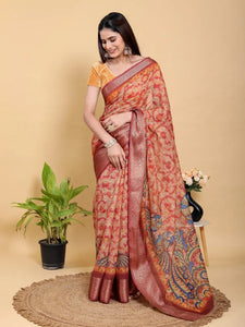 Stunning Red Linen Cotton Saree with Peacock Motif - Festive Wear for Women