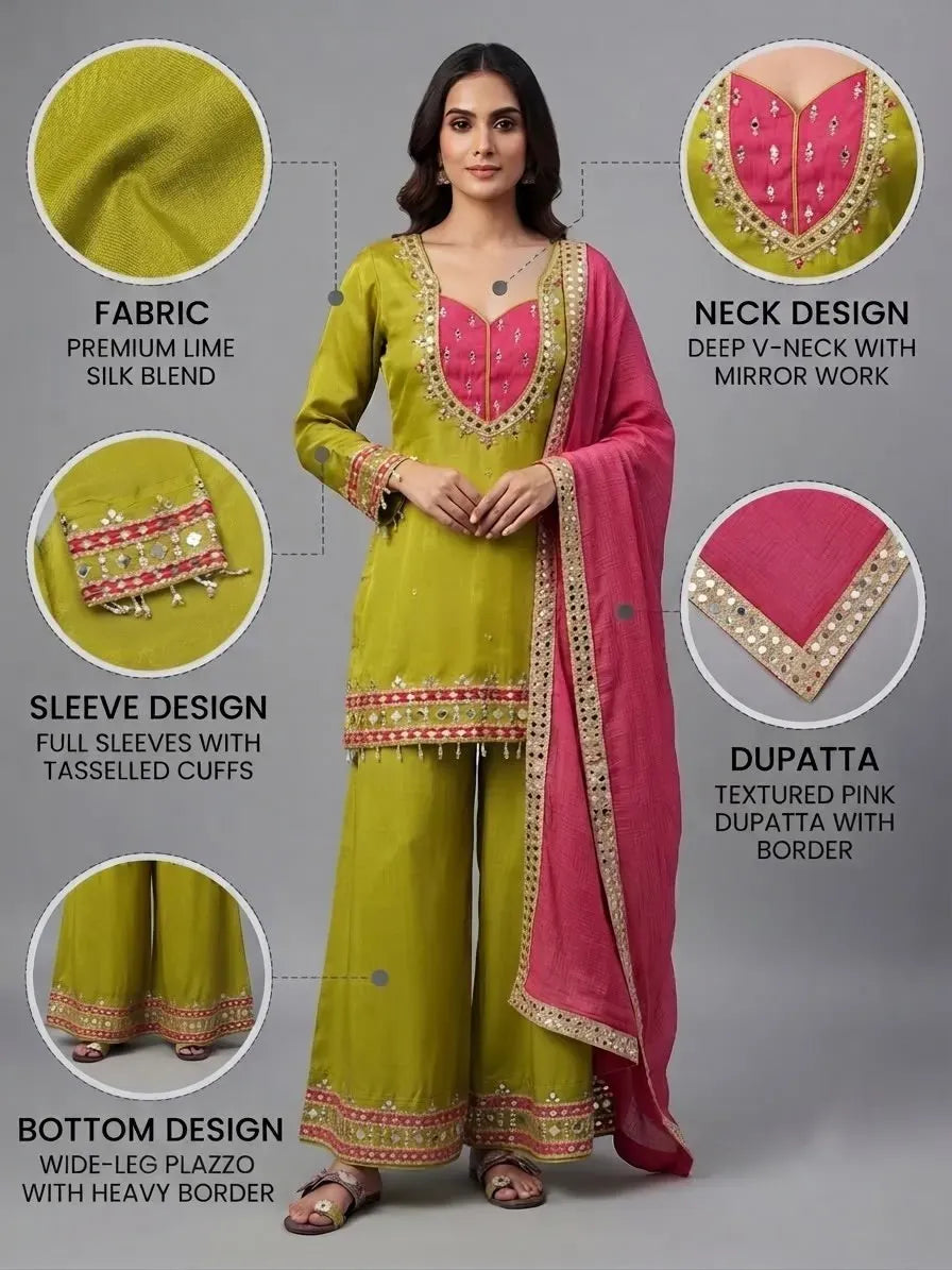 Infographic highlighting key features of the lime green mirror work palazzo suit on a model