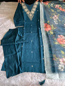 Stunning Roman Silk Kurti Pant Set - Embroidered Festive Wear for Women