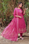 Stunning Rouge Mul Cotton Kurti Set - Hand Block Print & Mirror Work