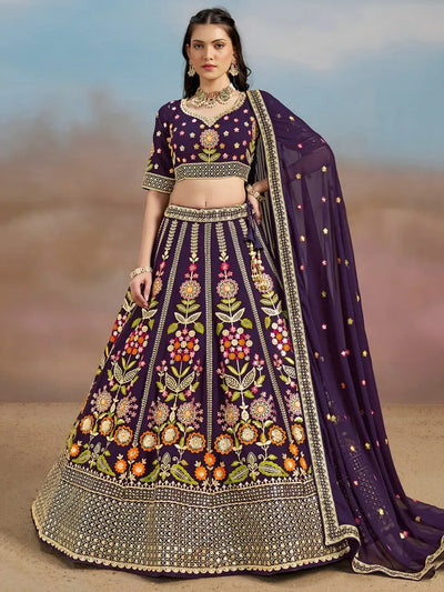 Stunning Royal Purple Floral Embroidered Lehenga Choli - Wedding Collection for Women