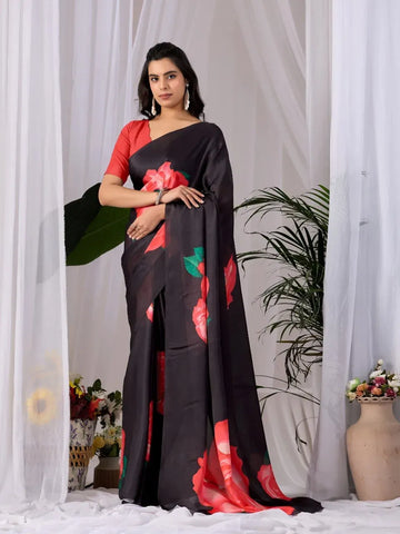 Stunning Satin Georgette Saree - Bold Floral Digital Print Festive Wear for Women