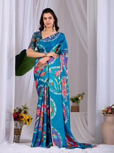 Stunning Satin Georgette Saree - Vibrant Digital Floral Print Festive Wear for Women