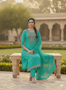 Stunning See Green Chanderi Suit - Exquisite Embroidery for Festive Occasions