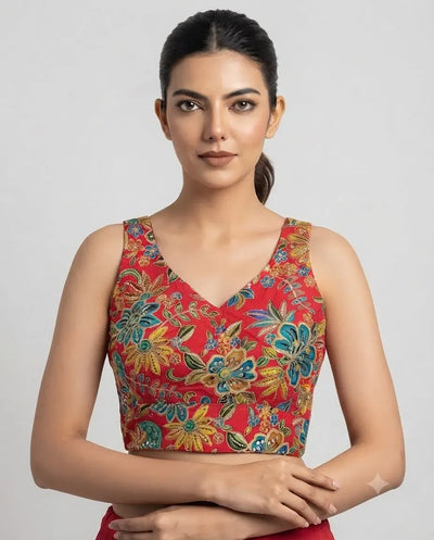 Stunning Sleeveless Embroidery Blouse - Premium Padded Festive Wear for Women