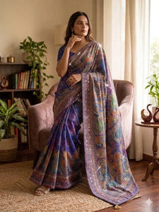 Stunning Soft Chinon Printed Saree - Elegant Mirror Work Festive Wear for Women