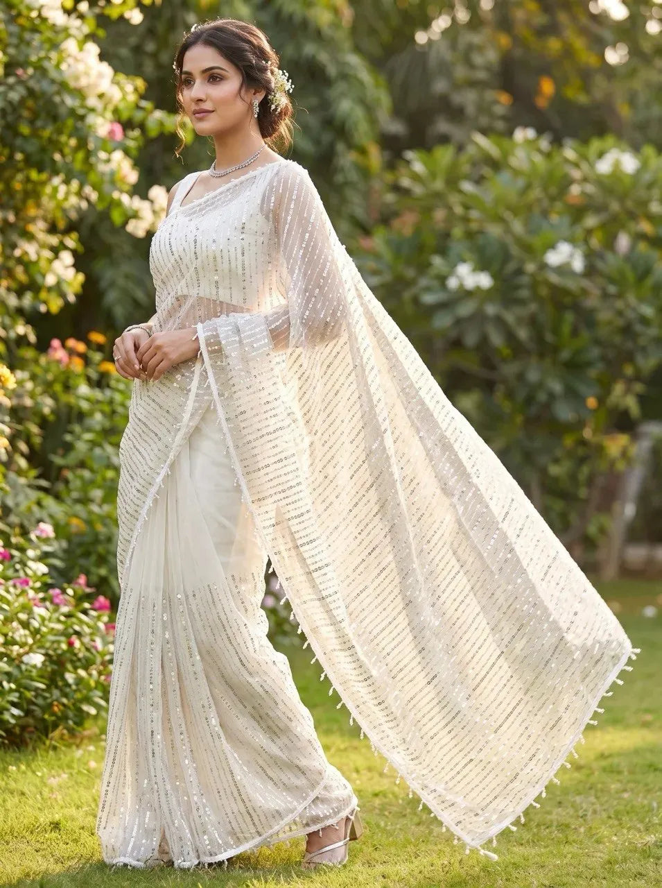 Model in a white soft net saree with vertical sequin stripes standing in a sunny garden