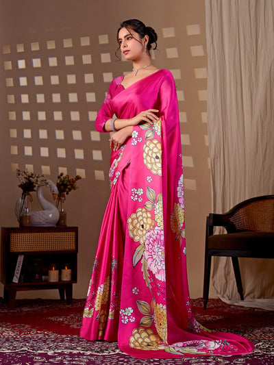 Stunning Soft Satin Saree - Floral Digital Print for Party Wear