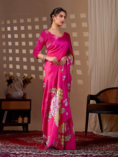 Stunning Soft Satin Saree - Floral Digital Print for Party Wear