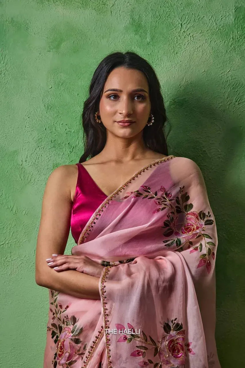 Stunning Soft Tabby Saree - Floral & Khatali Handwork for... – TREND BUY