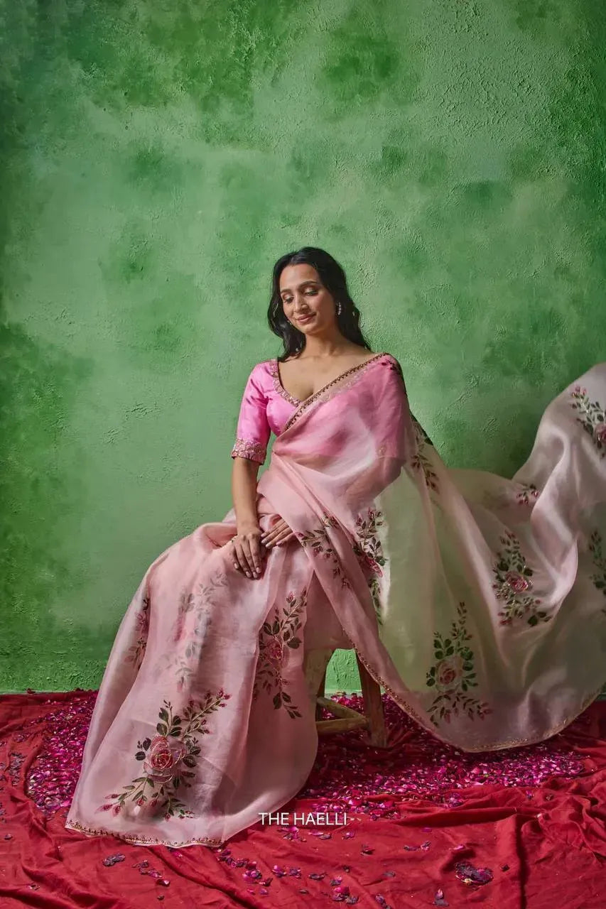 Stunning Soft Tabby Saree - Floral & Khatali Handwork for... – TREND BUY