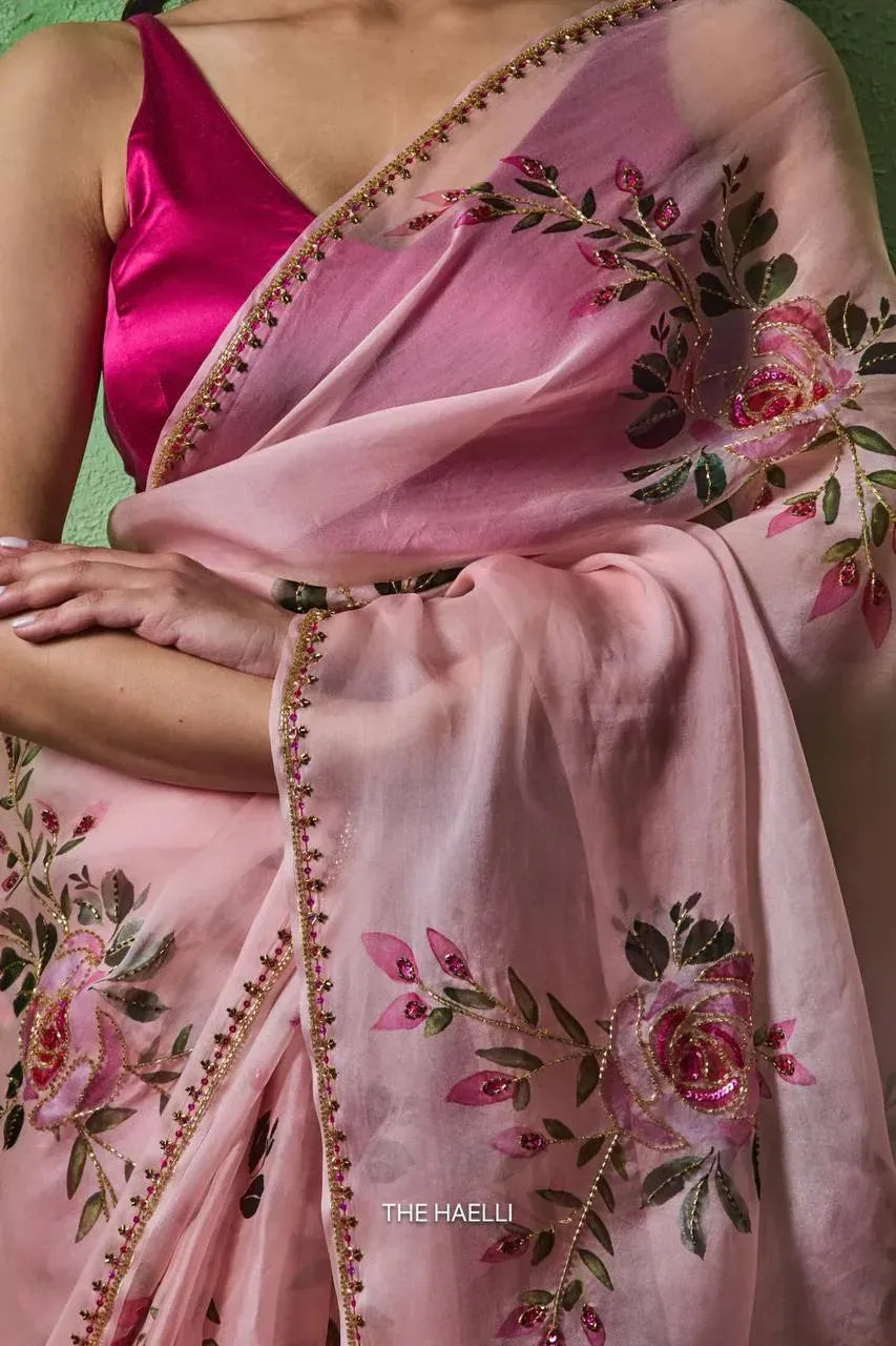 Stunning Soft Tabby Saree - Floral & Khatali Handwork for... – TREND BUY