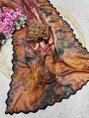 Stunning Space Silk Digital Print Saree with Elegant Cutdana Borders for Festive Wear