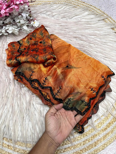 Stunning Space Silk Digital Print Saree with Elegant Cutdana Borders for Festive Wear