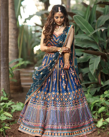 Stunning Teal Blue Chinnon Lehenga Choli - Sequence & Jari Embroidery for Wedding Wear