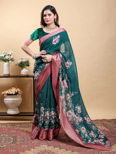 Stunning Teal Floral Linen Saree with Zari Border for Women
