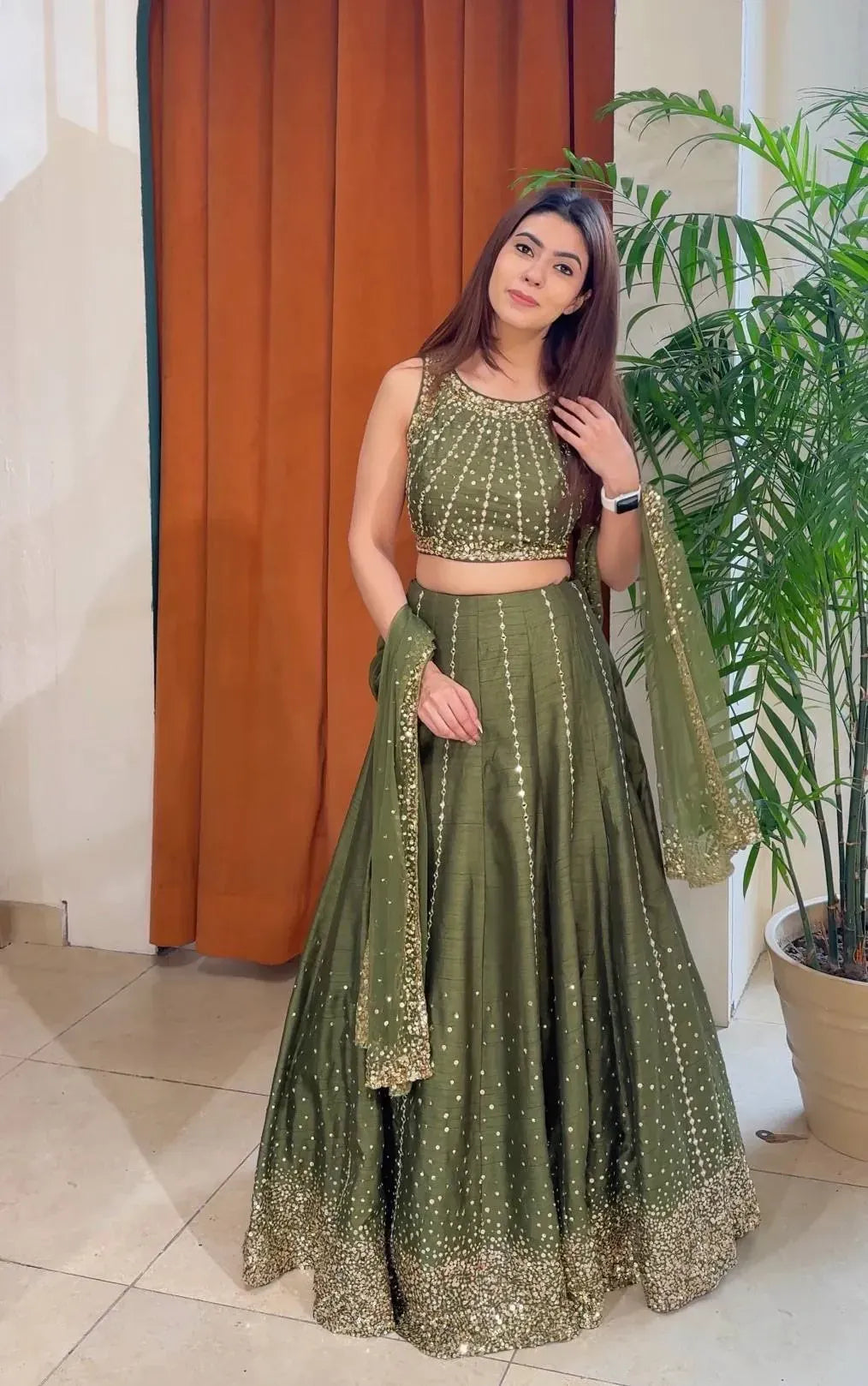 Olive Green Thai Silk Lehenga with Heavy Sequins Work
