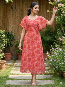Stunning Tropical Printed Gown with Flutter Sleeves for Parties