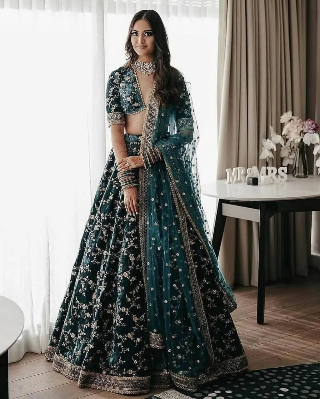 Premium Teal Green Velvet Lehenga Choli with heavy cording embroidery