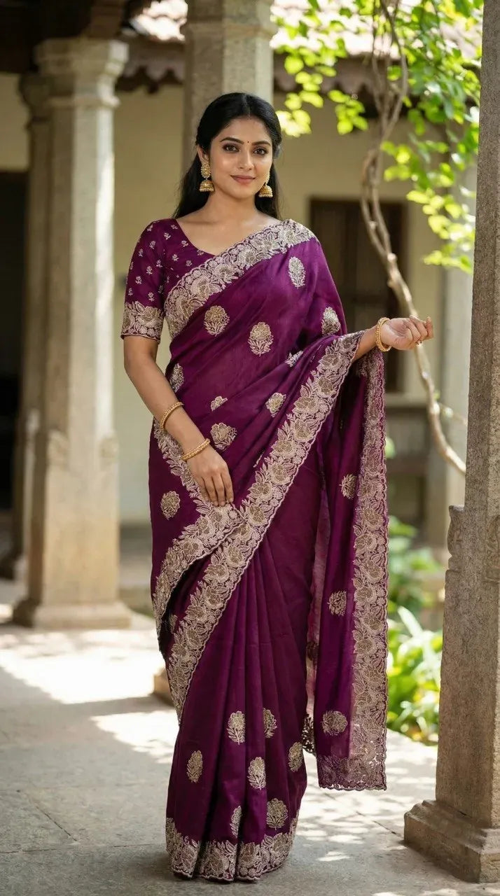 Model standing tall wearing a deep purple vichitra saree with heavy floral zari border and matching short-sleeve blouse