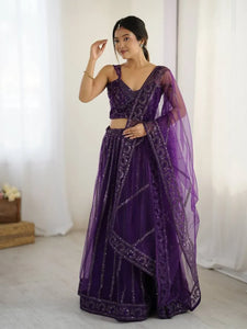 Stunning Violet Net Lehenga with Elegant Sequins and Can-Can for Festive Wear