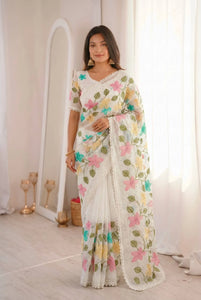 Stunning Viscose Crunchy Silk Saree - Floral Embroidery with Siroski Diamond Work for Festive Prep