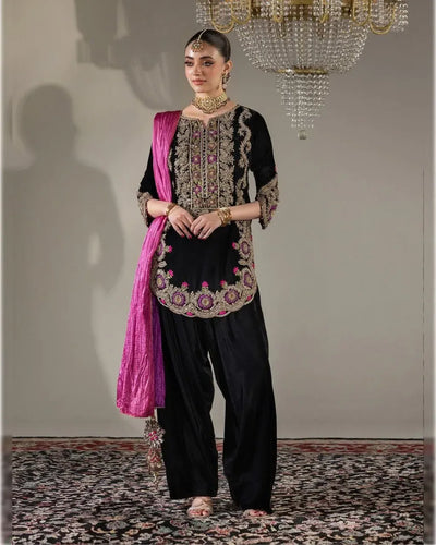 Stunning Viscous Velvet Suit Set - Elegant Embroidery for Winter Parties