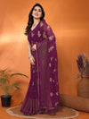 Stunning Wine Georgette Saree - Fancy Foil Work & Lace for Festive & Party Wear