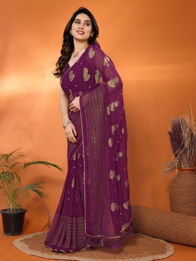 Stunning Wine Georgette Saree - Fancy Foil Work & Lace for Festive & Party Wear