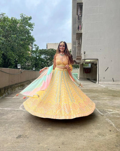 Stunning Yellow Dola Silk Lehenga - Wedding Sequin Embroidery