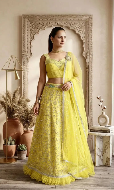Stunning Yellow Georgette Lehenga - Zari Work & Sequins Blouse