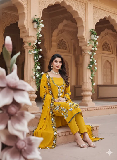 Stunning Yellow Georgette Suit - Embroidered Festival Wear Dress Material