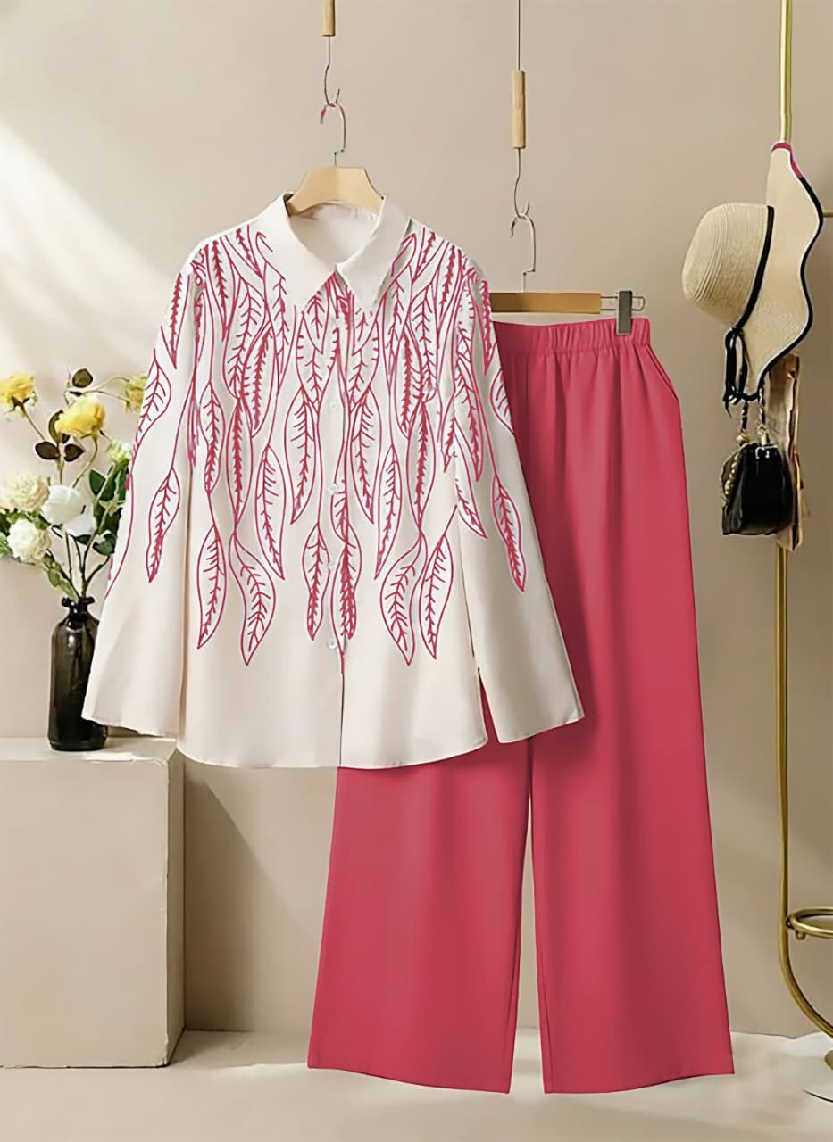 TRENDBUY Stylish Fuchsia Pink Printed Leaf Shirt and Palazzo Co-ord Set for Women